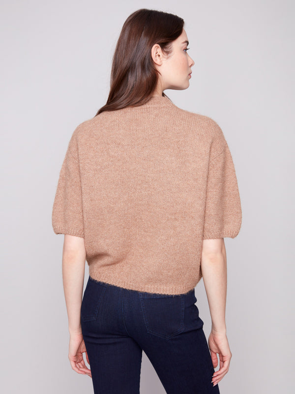 Elegant truffle-colored sweater designed with elbow-length balloon sleeves adding charm by Charlie B.