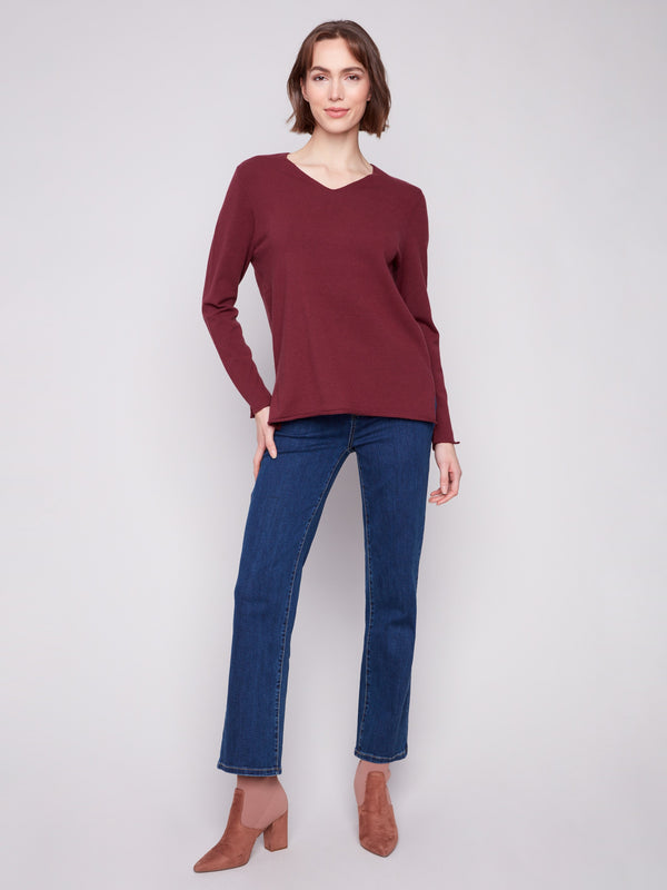 Basic V-Neck Sweater - Cabernet