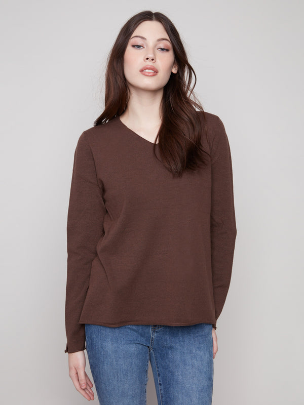 Heather mocha sweater with a plush texture and classic fit, ideal for cozy days by Charlie B.