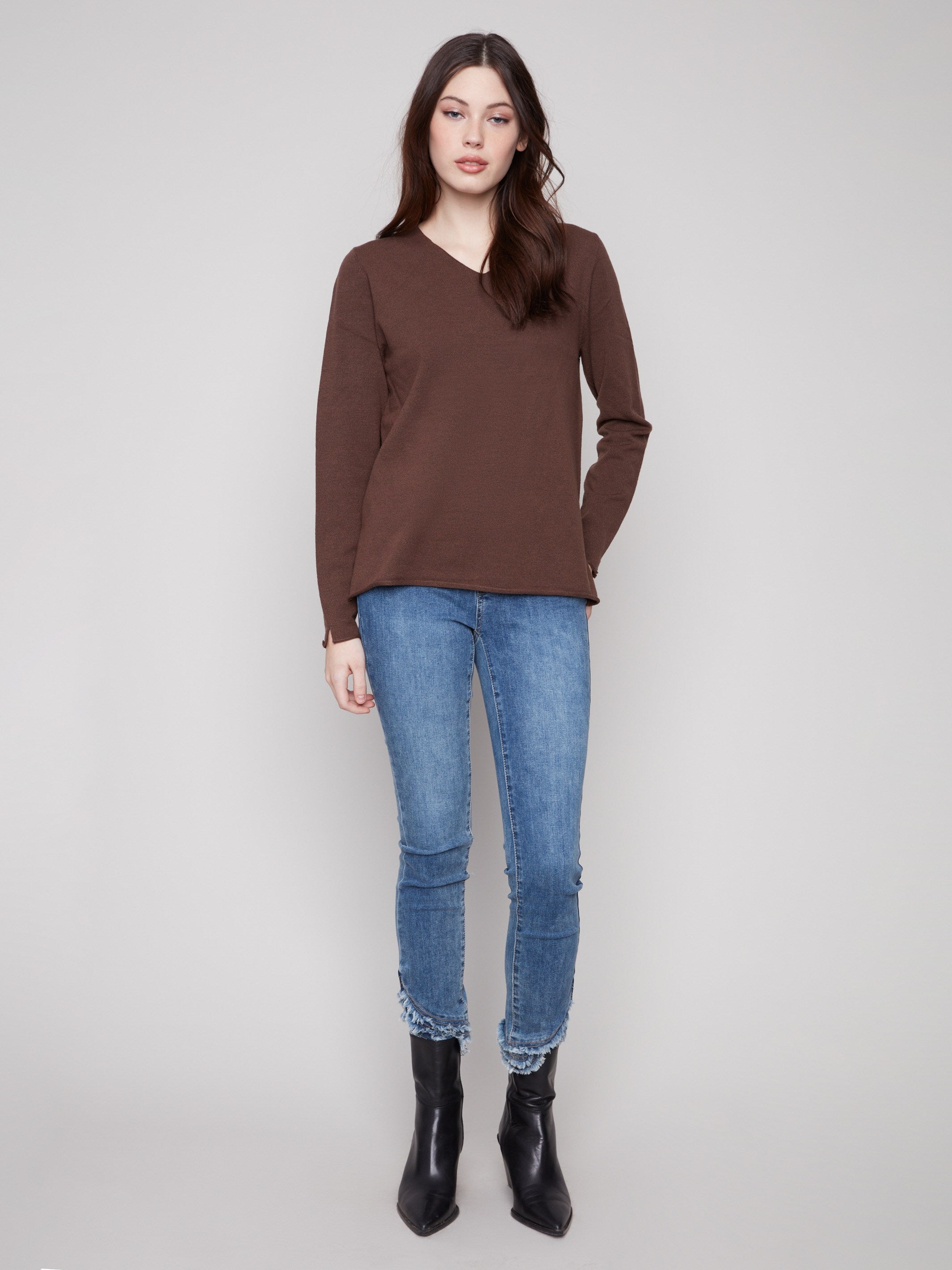 Elegant V-neckline sweater in heather mocha, featuring long sleeves and a timeless style by Charlie B.