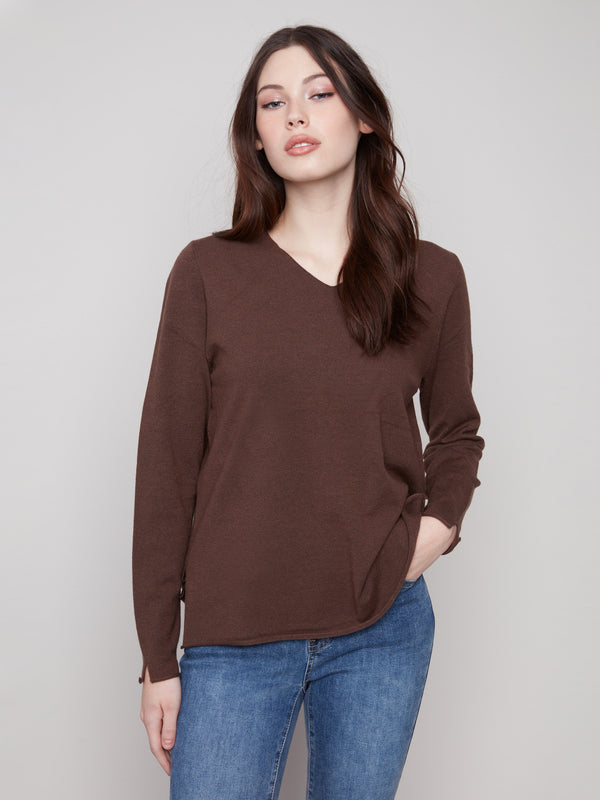 Classic fit heather mocha sweater with long sleeves, perfect for versatile styling by Charlie B.