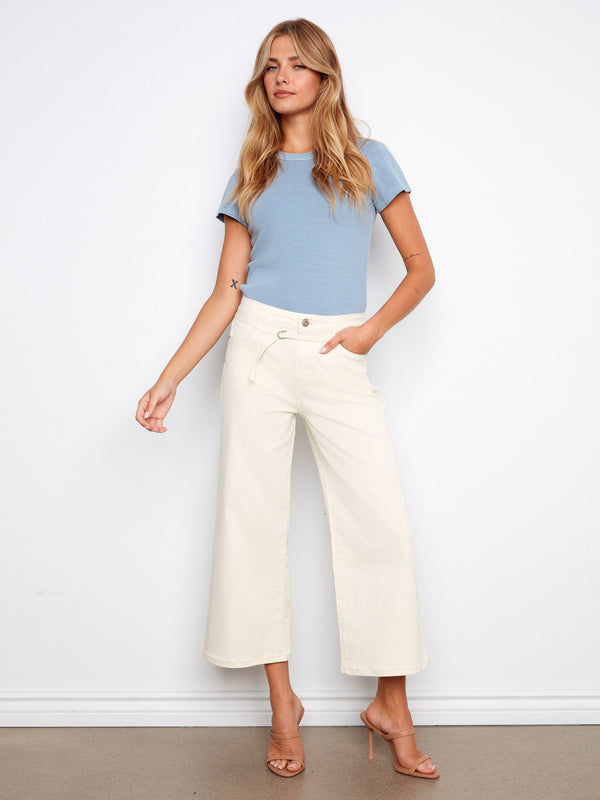 Natural-colored pants with a wide leg and cropped length, featuring a stylish belted design for versatile wear by Charlie B.