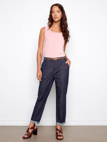 Cropped length denim pants with a stylish braided belt, perfect for casual or dressy occasions by Charlie B.