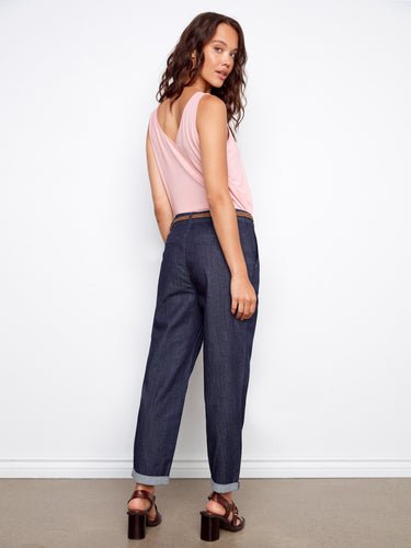 Stylish deep blue denim pants with an adjustable cuffed hem and regular rise, ideal for any wardrobe by Charlie B.