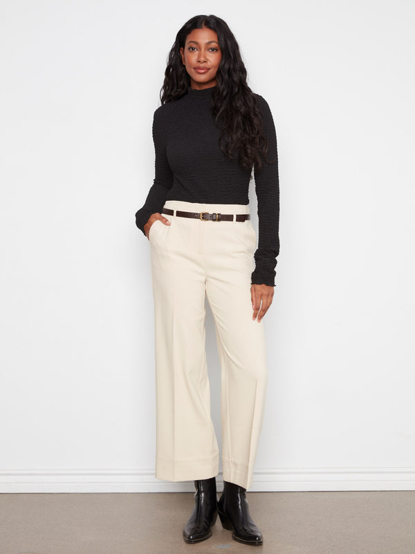 Pantalon à jambe large en crêpe avec ceinture - Beige