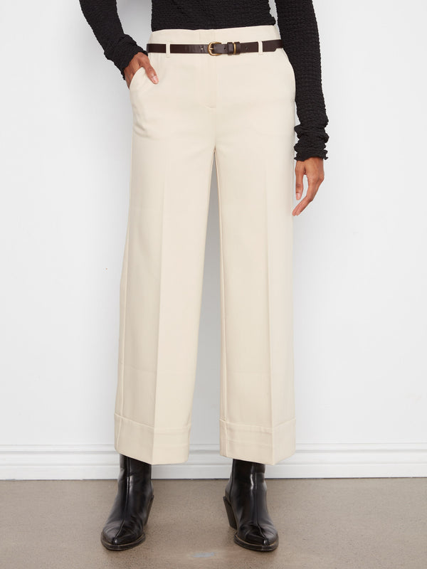 Pantalon à jambe large en crêpe avec ceinture - Beige