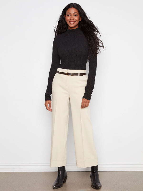 Pantalon à jambe large en crêpe avec ceinture - Beige