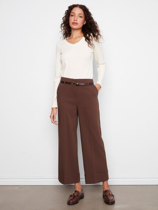 Pantalon à jambe large en crêpe avec ceinture - Café