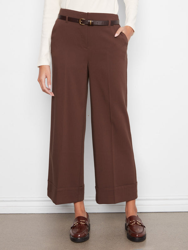 Pantalon à jambe large en crêpe avec ceinture - Café