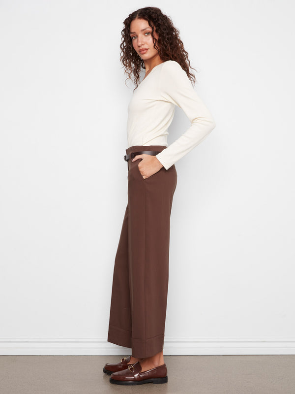 Pantalon à jambe large en crêpe avec ceinture - Café