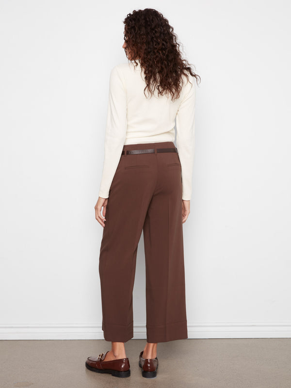 Pantalon à jambe large en crêpe avec ceinture - Café