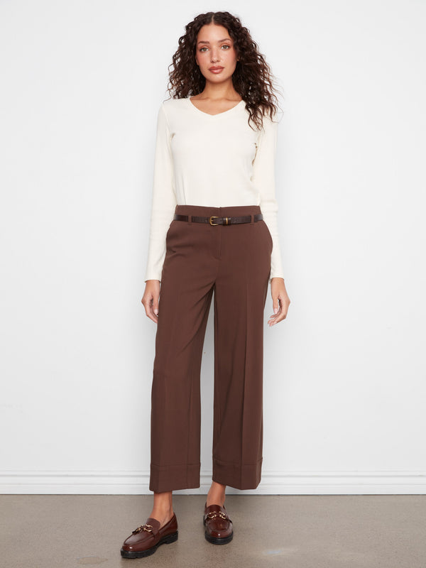 Pantalon à jambe large en crêpe avec ceinture - Café