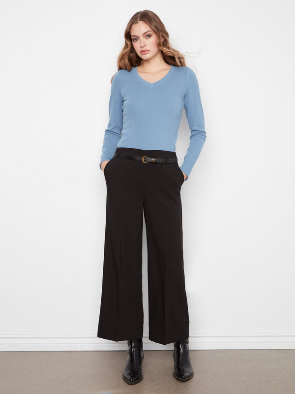 Pantalon à jambe large en crêpe avec ceinture - Noir