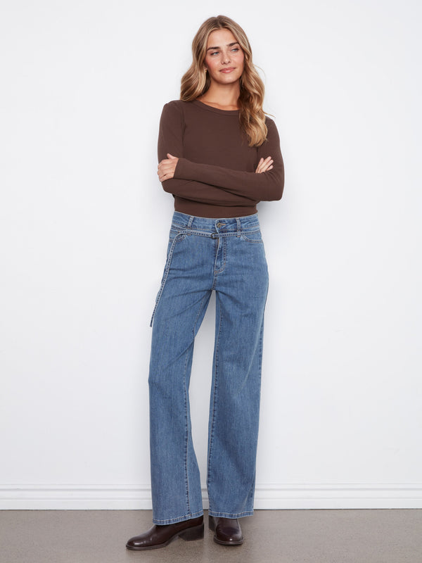 Jean à jambe large avec ceinture - Bleu Moyen