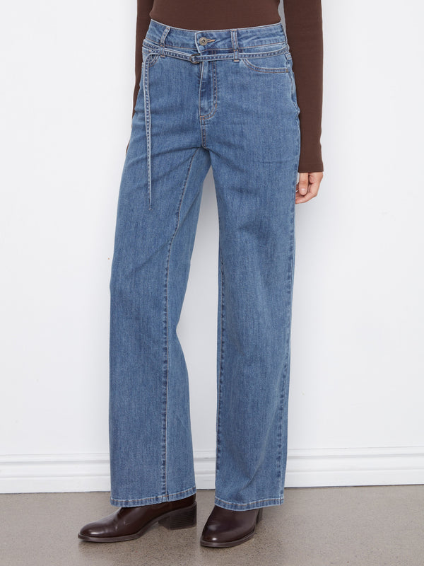 Jean à jambe large avec ceinture - Bleu Moyen