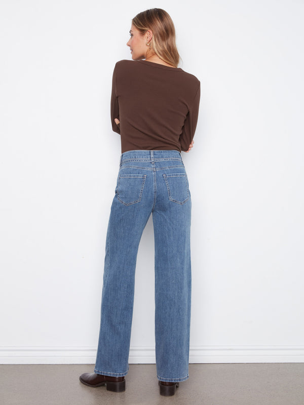 Jean à jambe large avec ceinture - Bleu Moyen