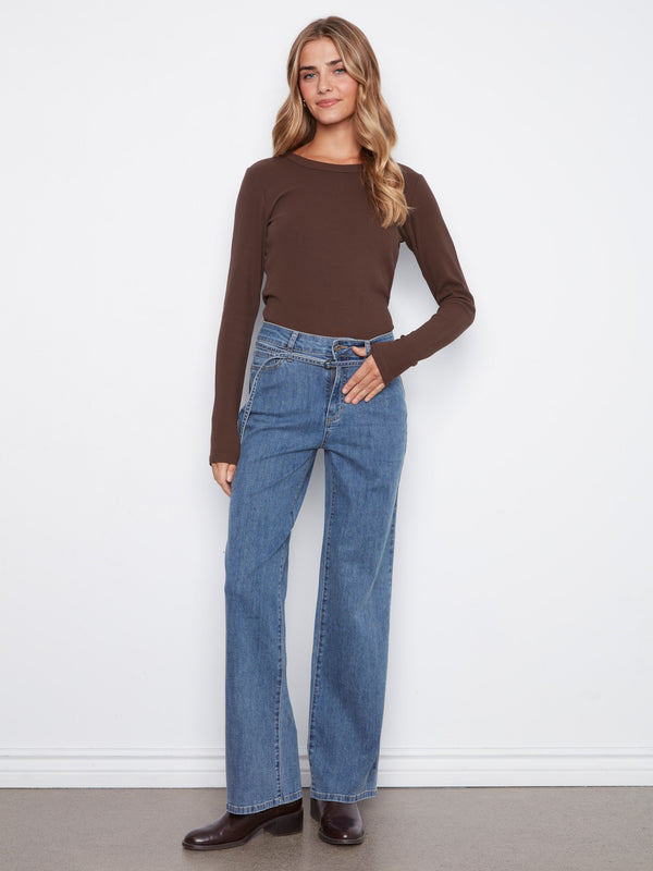 Jean à jambe large avec ceinture - Bleu Moyen