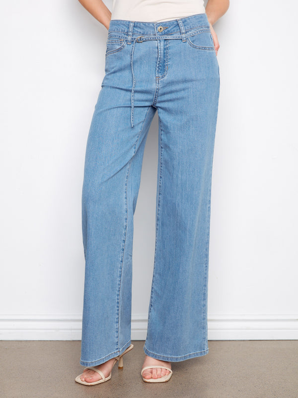 A belted design adds an extra touch of style to these versatile denim jeans. Perfect for accessorizing. By Charlie B.