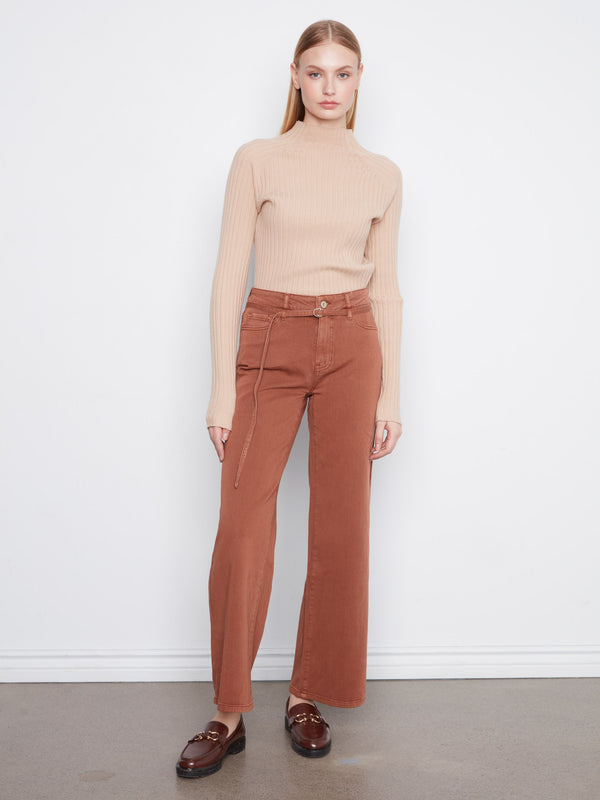 Belted Wide Leg Twill Pants - Ginger