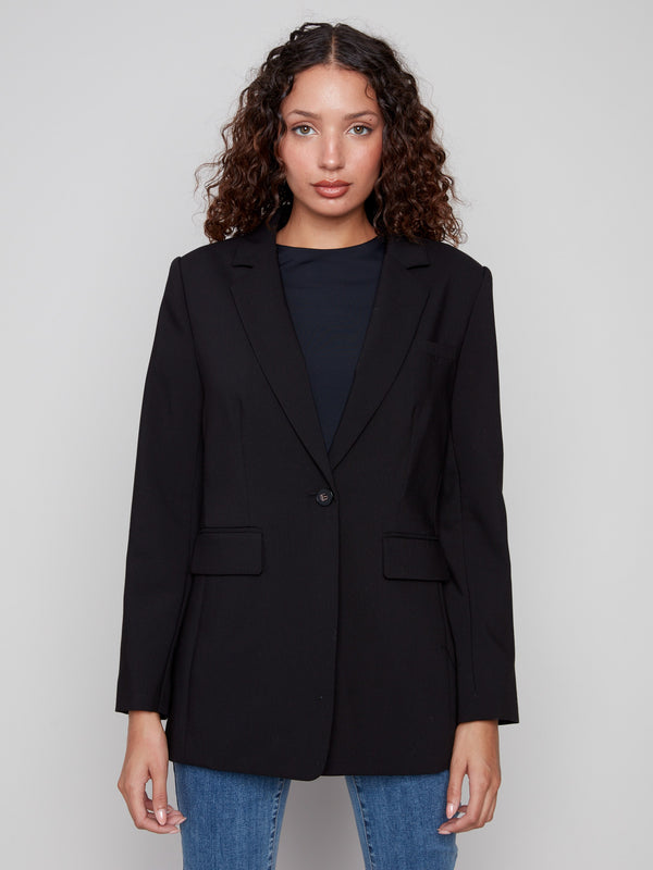 Elegant black blazer with a lapel notch collar and single-button closure by Charlie B.
