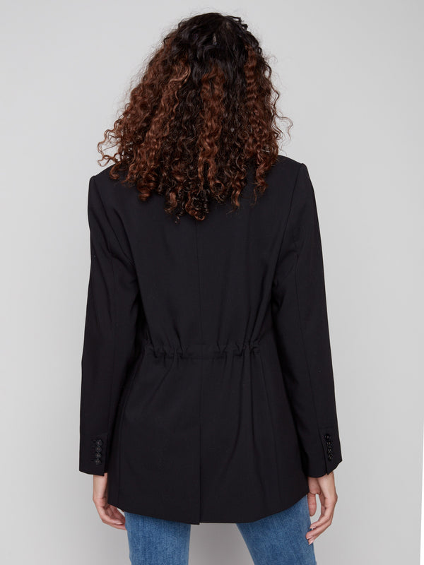 Sophisticated black blazer showcasing an adjustable ruched back detail by Charlie B.