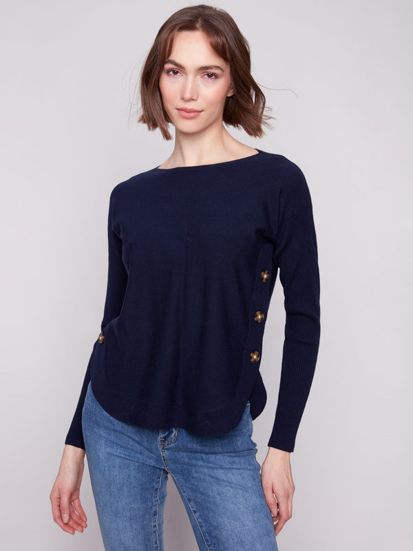Boat Neck Sweater With Side Buttons - Navy