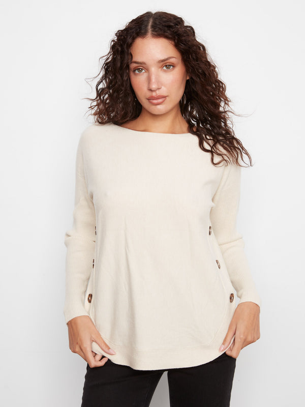 Boat Neck Sweater With Side Buttons - Heather Natural