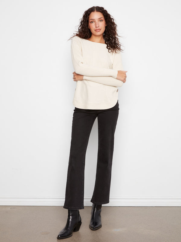 Boat Neck Sweater With Side Buttons - Heather Natural