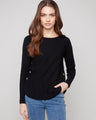 Elegant black sweater with a boat neck design, ideal for sophisticated outings. Features ribbed sleeves for added texture by Charlie B.