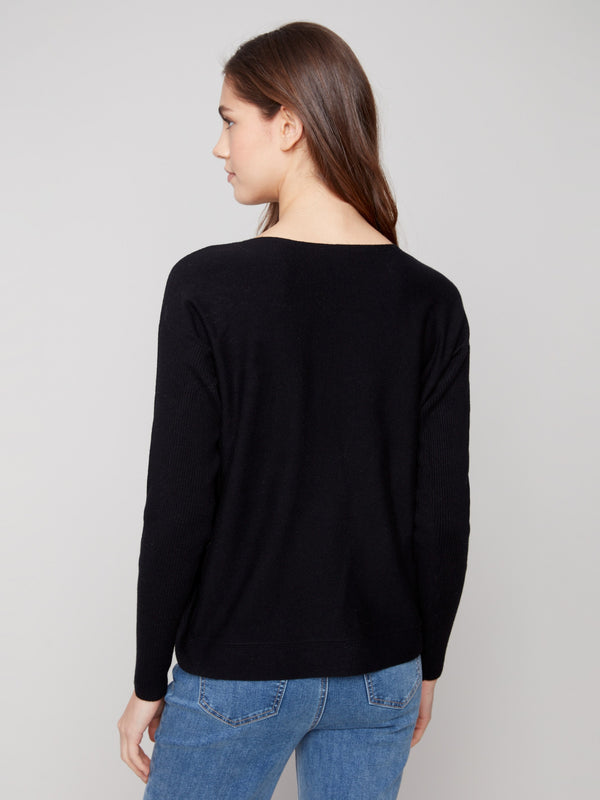 Boat Neck Sweater With Side Buttons - Black