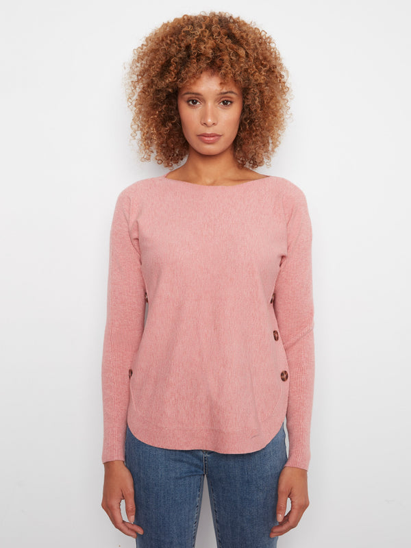 Boat Neck Sweater With Side Buttons - Heather Carnation