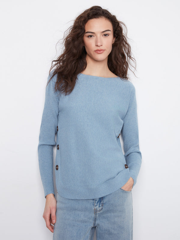 Boat Neck Sweater With Side Buttons - Heather Storm