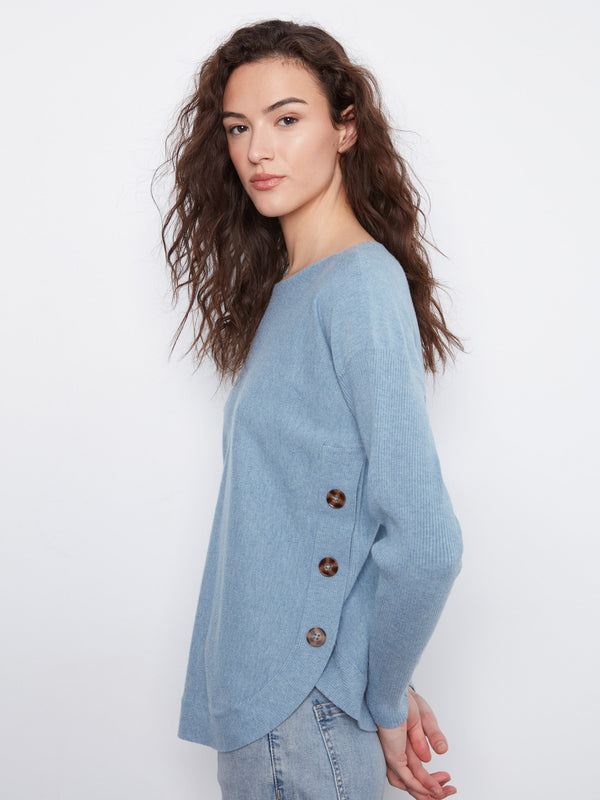 Boat Neck Sweater With Side Buttons - Heather Storm
