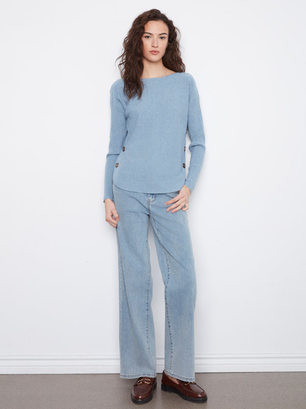 Boat Neck Sweater With Side Buttons - Heather Storm