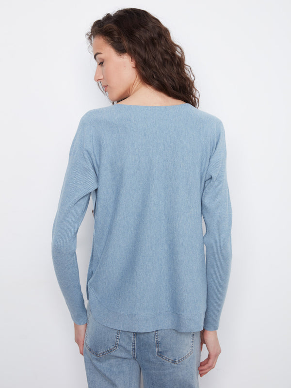 Boat Neck Sweater With Side Buttons - Heather Storm