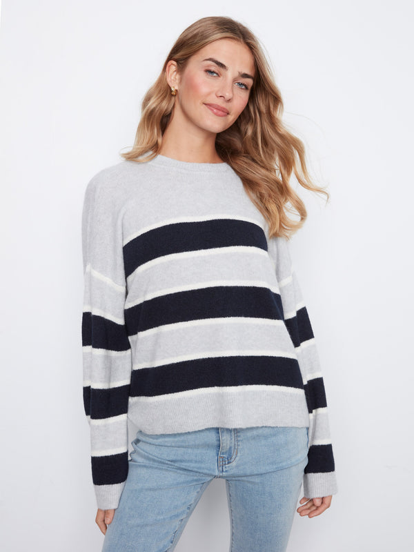 Bold Stripe Crew Neck Sweater - Heather Light Grey