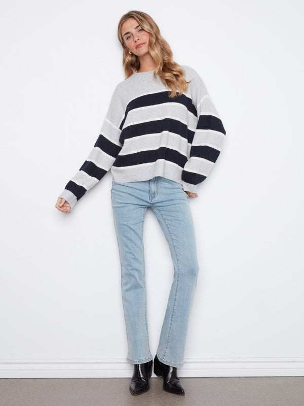 Bold Stripe Crew Neck Sweater - Heather Light Grey