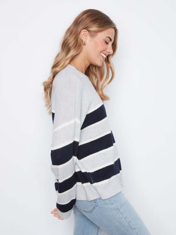 Bold Stripe Crew Neck Sweater - Heather Light Grey