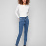 Medium blue bootcut jeans featuring a long length and stylish design by Charlie B.