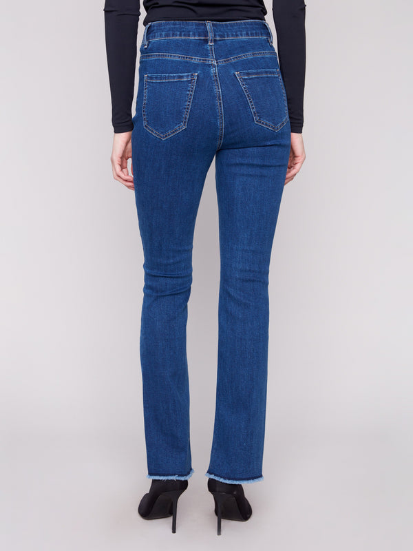 Stylish indigo bootcut jeans showcasing a five-pocket design and regular rise fit by Charlie B.
