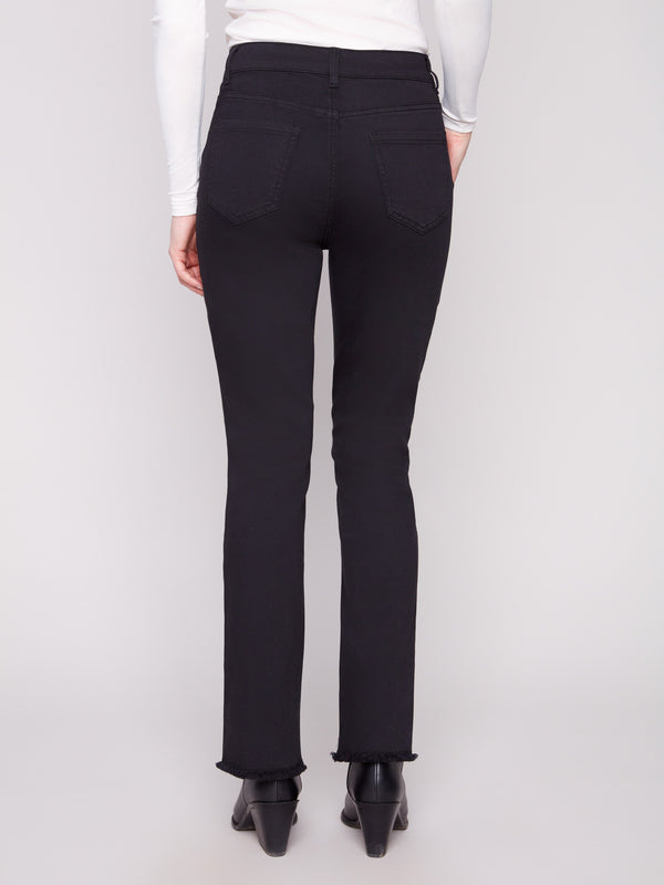 Comfortable black stretch twill pants with a regular rise and long length, perfect for versatile styling by Charlie B.