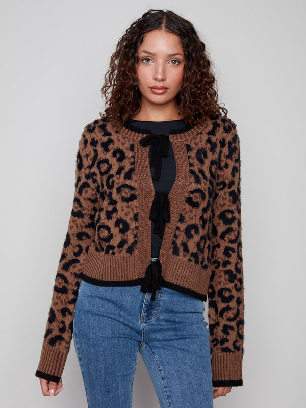 Animal print cardigan with plushy texture and bow tie detail by Charlie B.