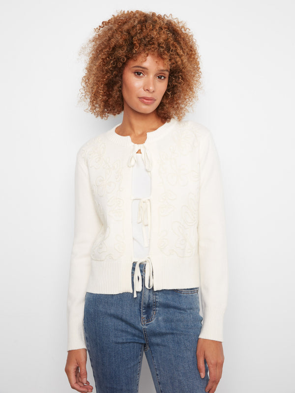 Cardigan en tricot jacquard à nœuds - Écru