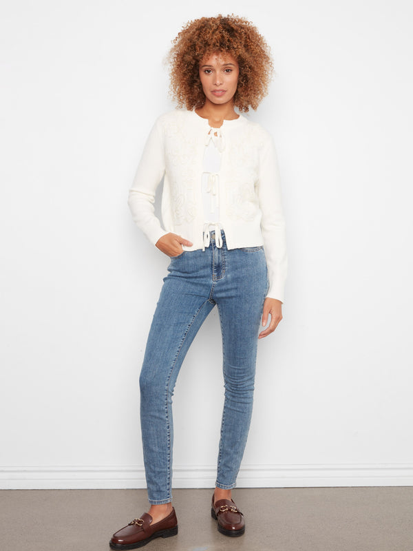 Cardigan en tricot jacquard à nœuds - Écru