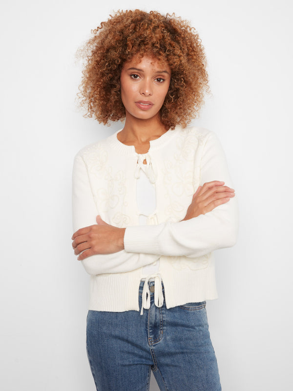 Cardigan en tricot jacquard à nœuds - Écru