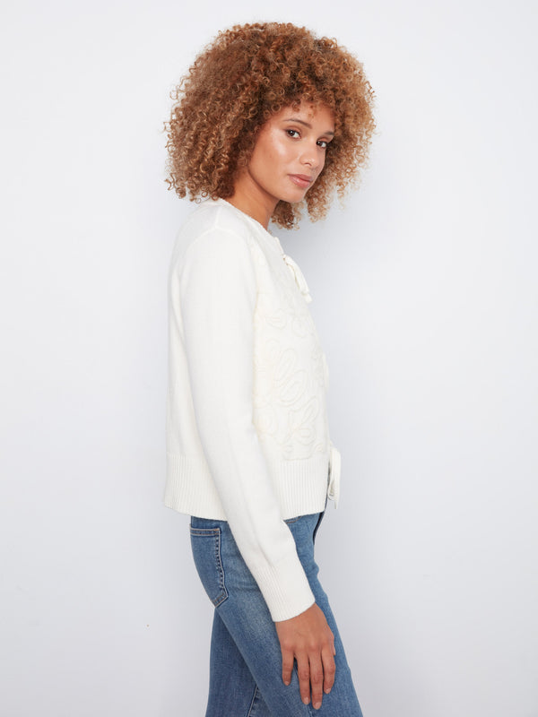 Cardigan en tricot jacquard à nœuds - Écru