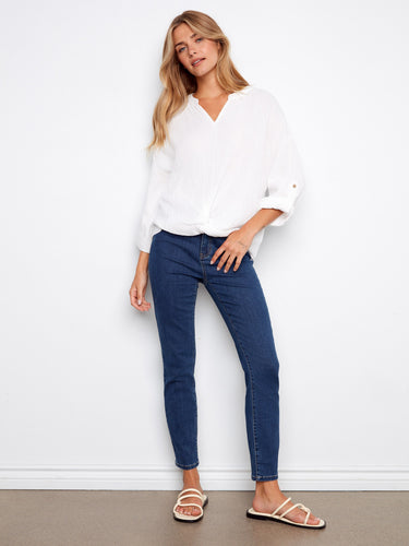 Chic white long-sleeve blouse with roll-up sleeves and a sophisticated notch neckline by Charlie B.