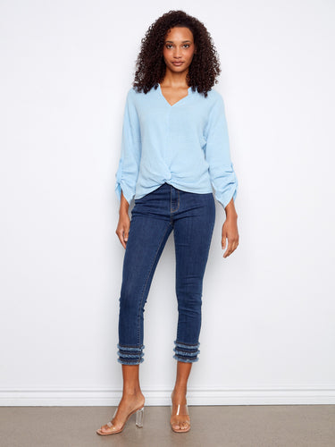 Chic blue top with long roll-up sleeves, offering versatility and style in pure cotton fabric by Charlie B.