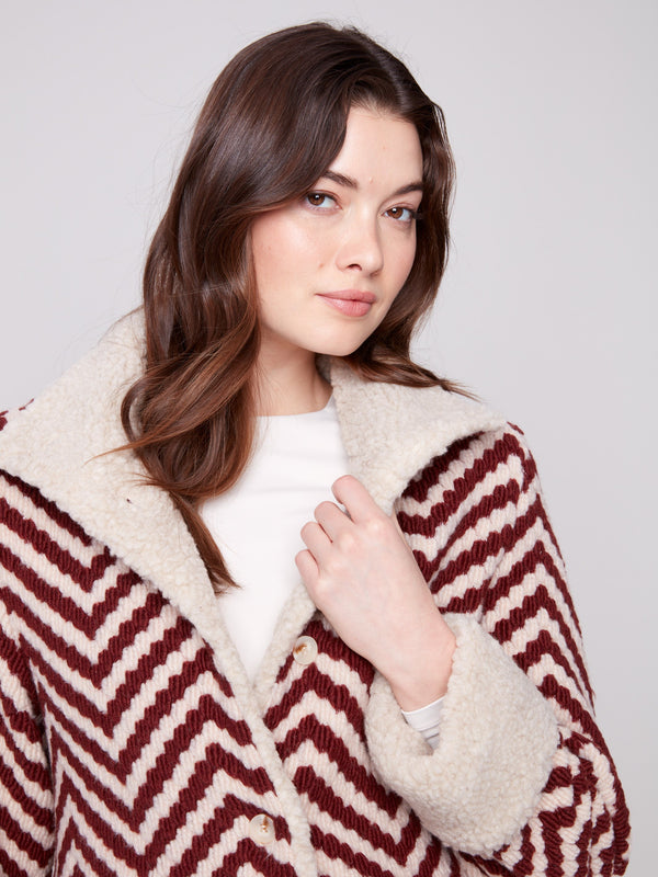 Cabernet Chevron Boucle Jacket designed with button closure and side pockets for practical elegance in every detail by Charlie B.