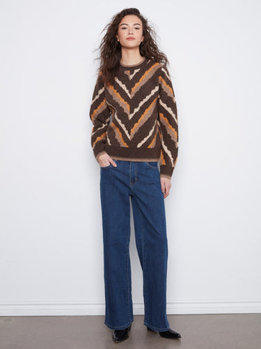 Chevron-patterned sweater in brown with a classic crew neck by Charlie B.